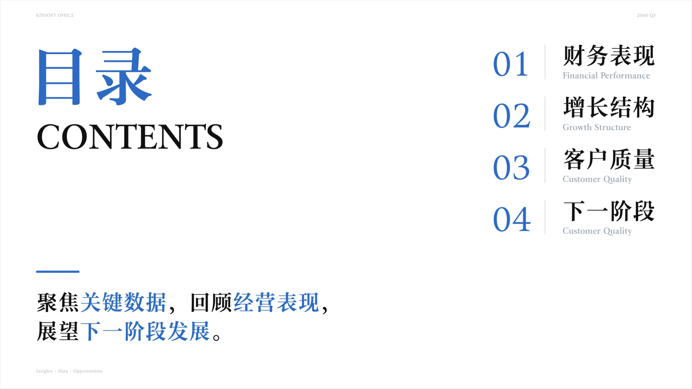 季度经营汇报 PPT 目录,包含财务表现、增长结构和客户质量